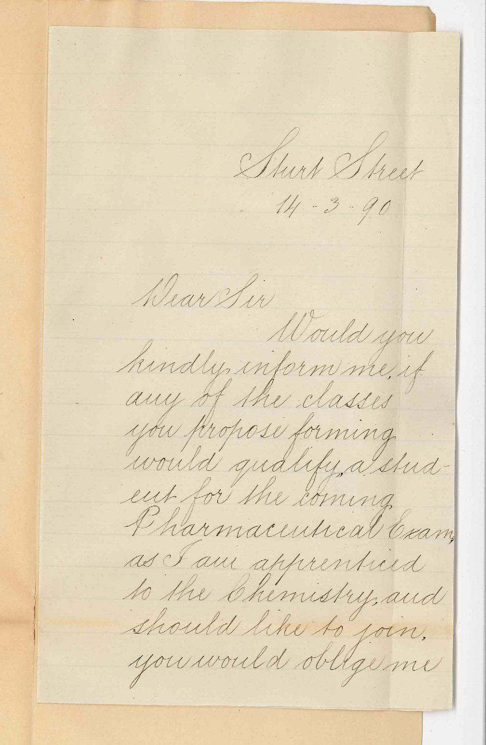 O W J Mee - Sturt Street - Will Chemistry classes fit student for Pharmaceutical Examination