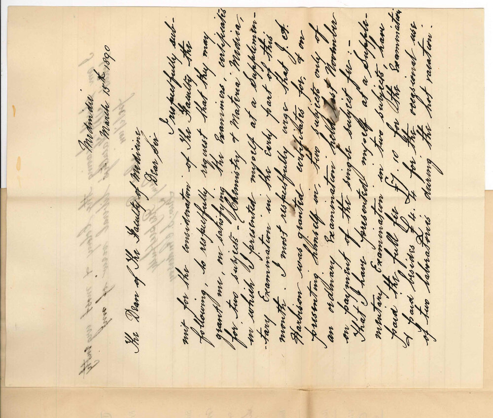 Miss S Anderson - Medindie - Asks that Certificates may be granted for Materia Medica and Chemistry if passed at Supplementary MB Examination