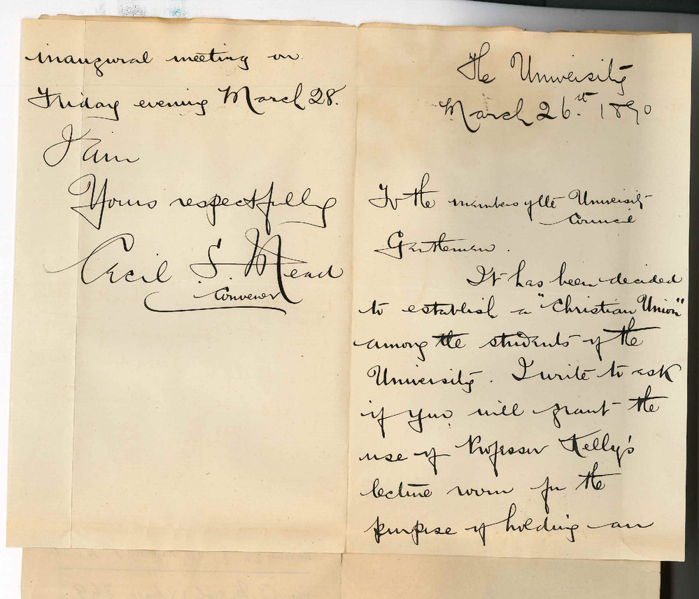 Cecil Silas Mead - The University - Asks for use of a room for meeting on 28th instant