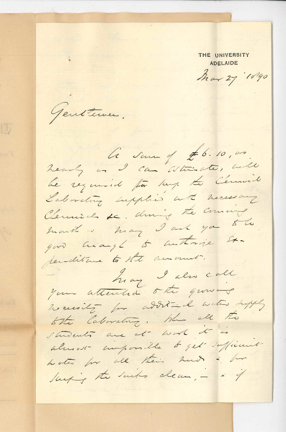 Professor Edward Henry Rennie - The University - Estimated expenditure for April Water supply