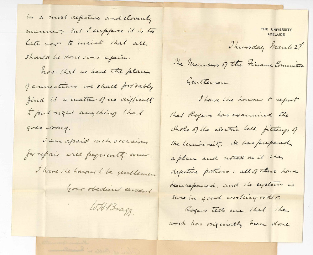 Professor William Bragg - The University - Reports on repairs to Electric Bells service