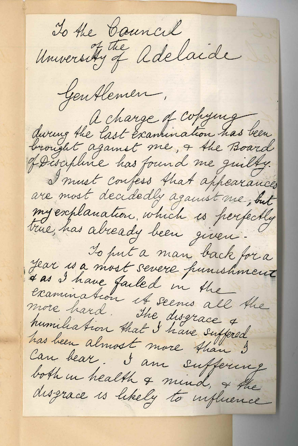 V J Robin - Adelaide - Re charge of copying at Examination - Asks for Certificates