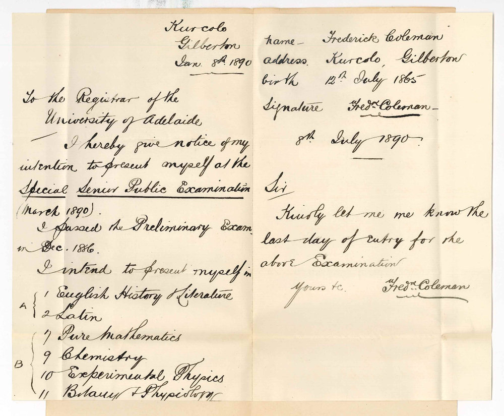 Student Administration - Examinations - Frederick Coleman - Gilberton - Notice of entry for Special Senior Public Examination