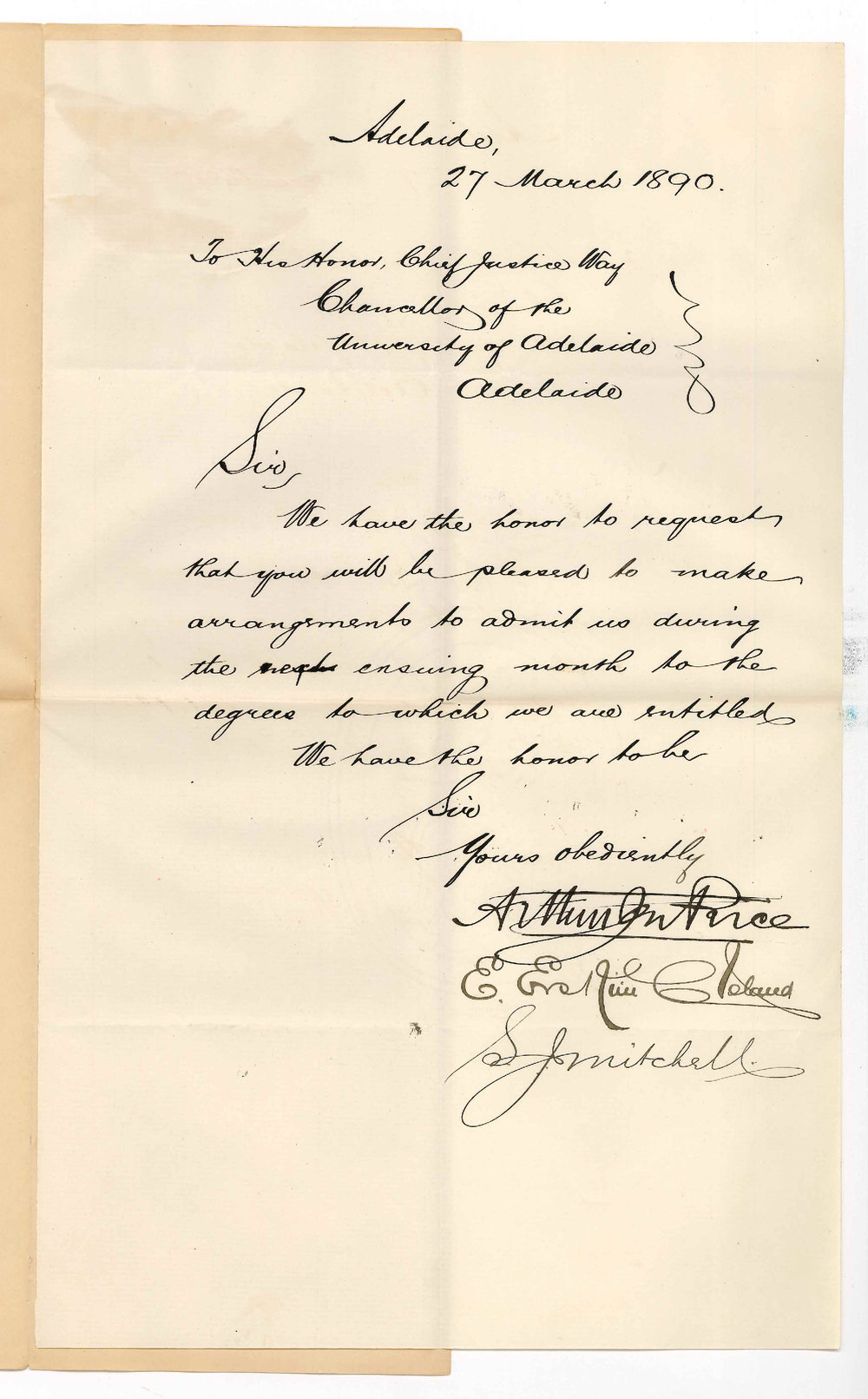 S J Mitchell and Others - Adelaide - Asking that Degrees may be conferred in April