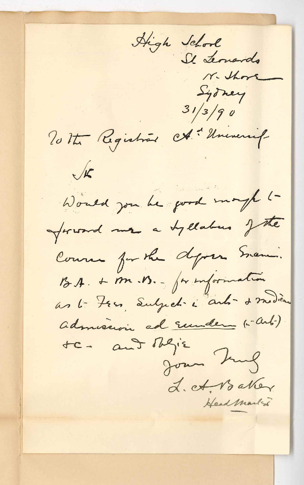 L A Baker - Sydney - Information respecting MB and BA courses