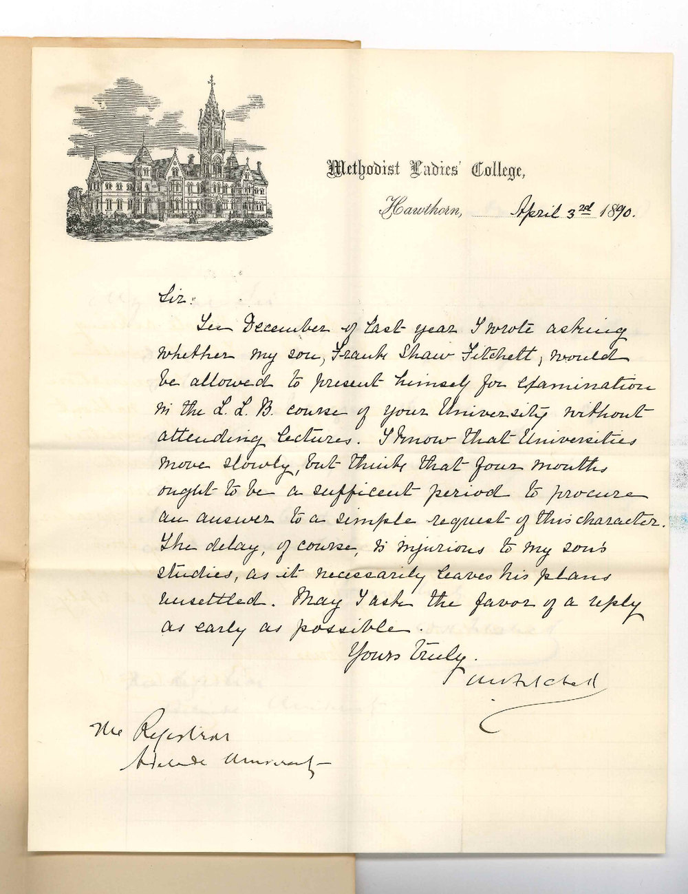W H Fitchett - Victoria - Complains of delay in reply to letter requesting exemption from attendance on lectures for son