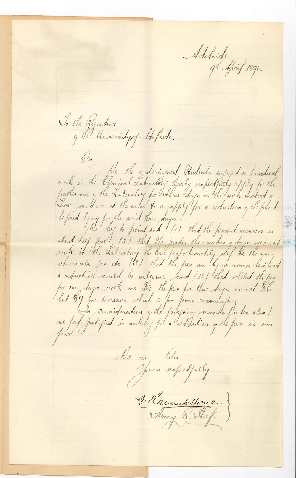 E R Morgan and Henry R Hill - The University - Reduction in fee for Practical work in the Chemical Laboratory