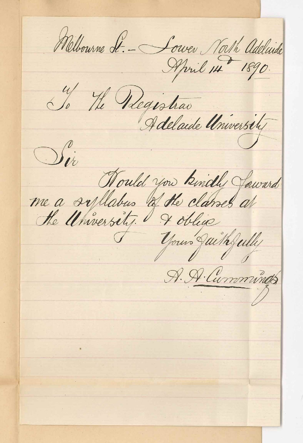 A A Cummings - North Adelaide - Asking information concerning University Classes