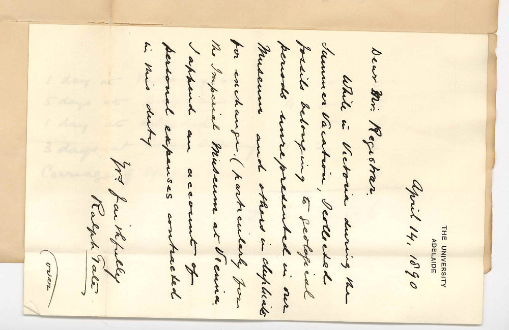Professor Ralph Tate - The University - Expenses collecting fossils during long vacation