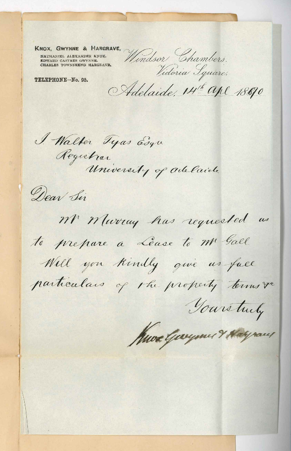 Knox Gwynne and Hargrave - Victoria Square - Ask for instructions re lease of Tatiara to Mr Gall
