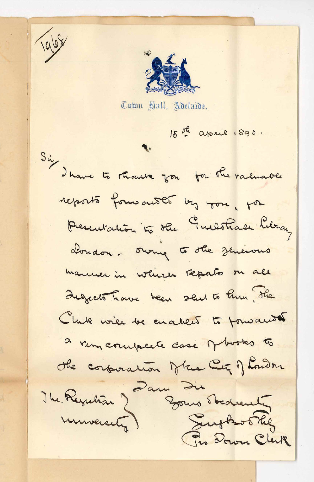 Thomas Warsnop - Town Clerk - Thanks for University Calendars sent for Corporation of London