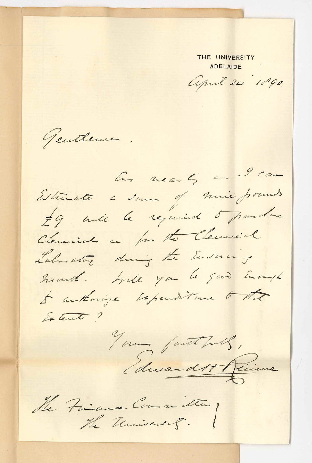 Professor Edward Henry Rennie - The University - Estimate of expenditure for May