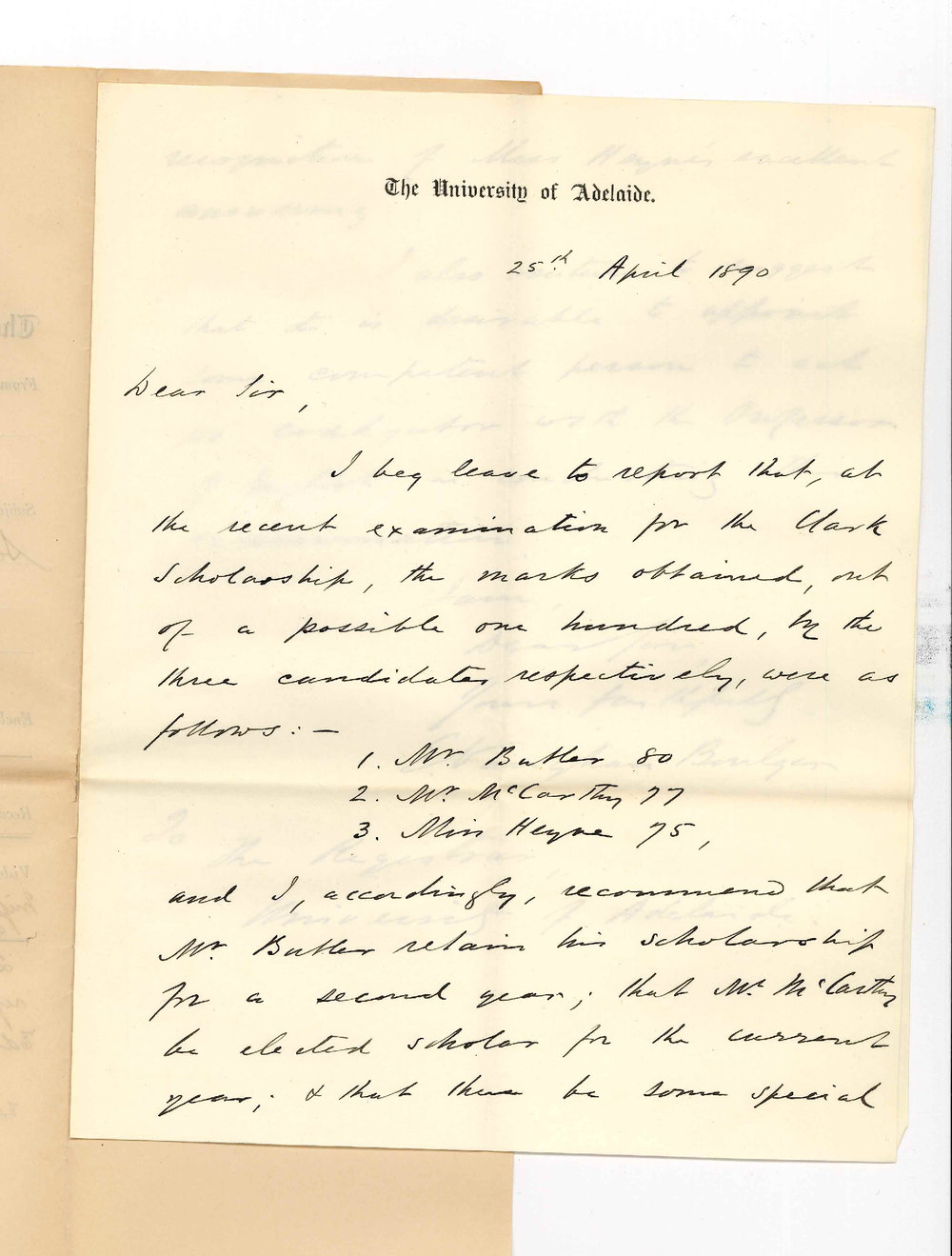 Professor Edward Vaughan Boulger - The University - Results of JH Clark Scholarship Examination