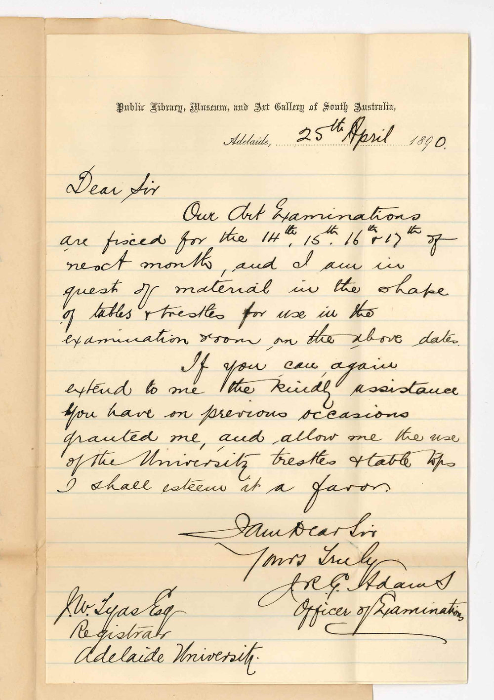 J R G Adams - Public Library - Loan of Tables trestles for Art Examinations