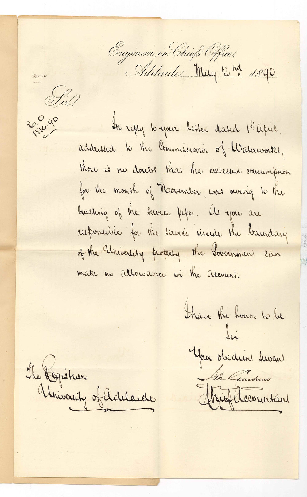 Engineer in Chief - Adelaide - No allowance in charge for water wasted in November 1889 through bursting of service pipe
