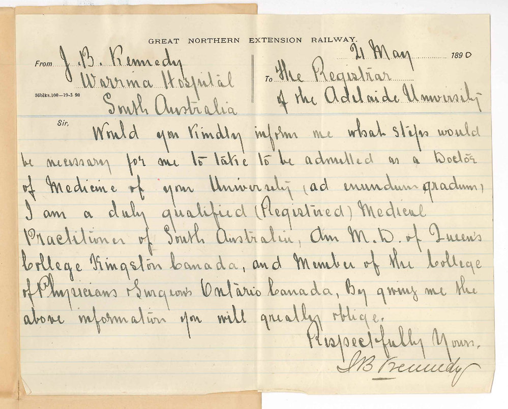 Dr Kennedy - Warrina Hospital - Information regarding admission ad eundem gradum