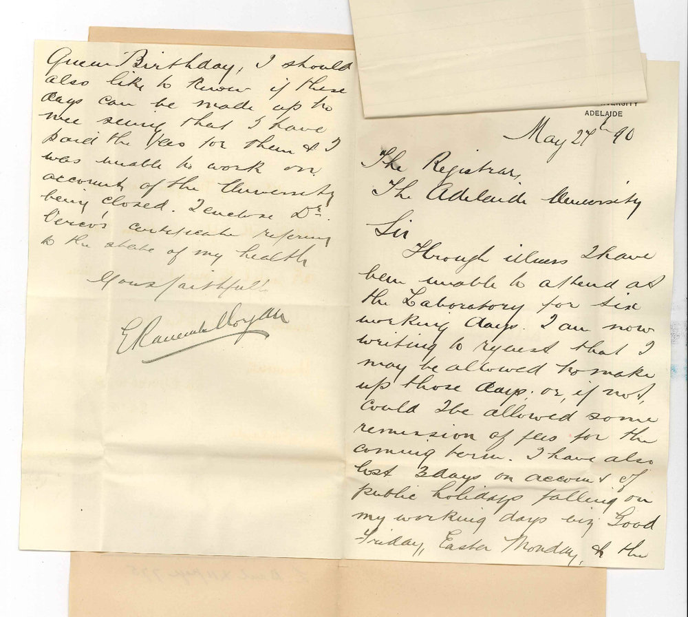 E R Morgan - Adelaide - Asking for permission to make up for loss of time through illness during first Term in Laboratory work during 2nd Term