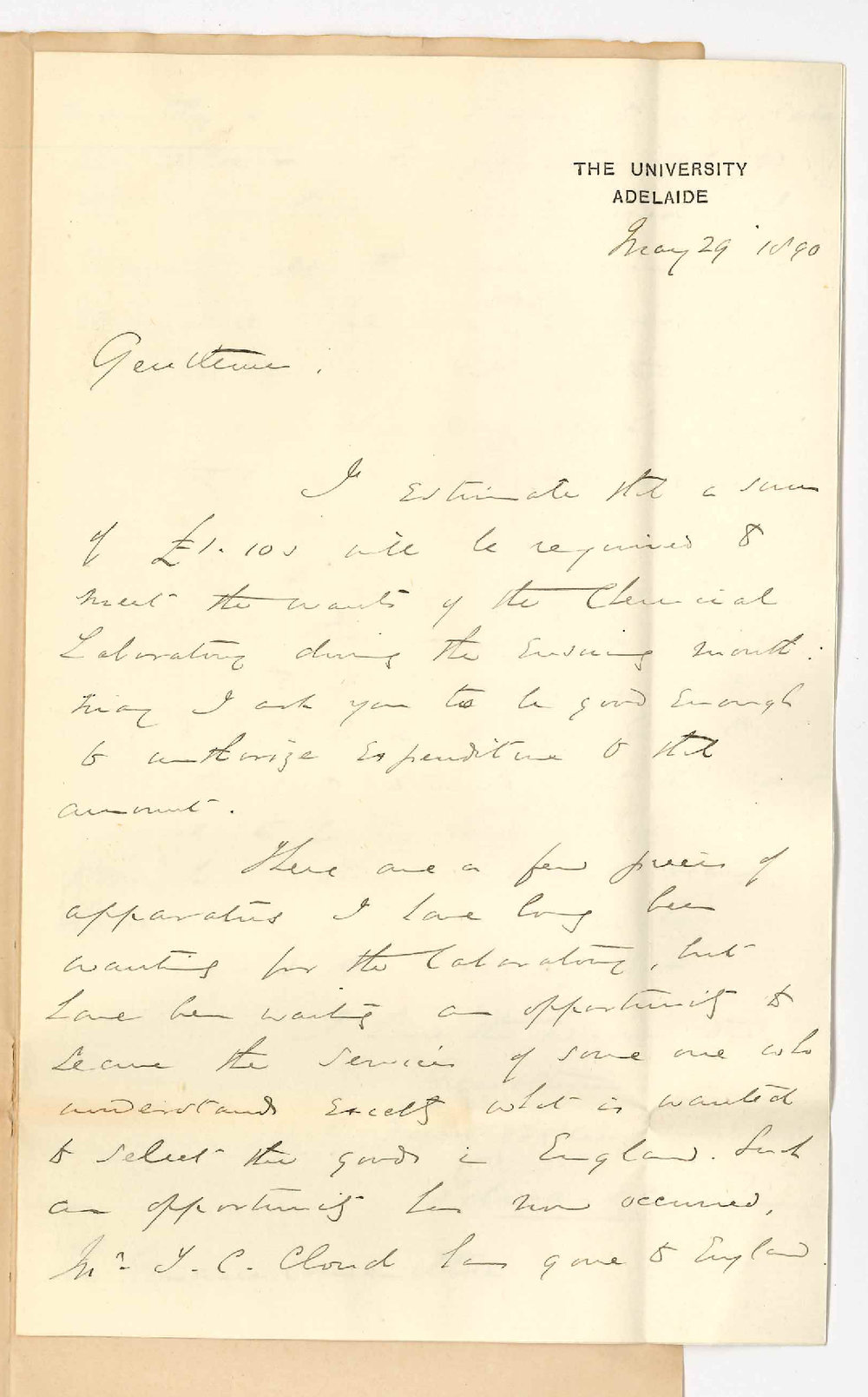 Professor Edward Henry Rennie - The University - Estimated expenditure for the month - Asks grant of &pound;12 for purchase of Apparatus