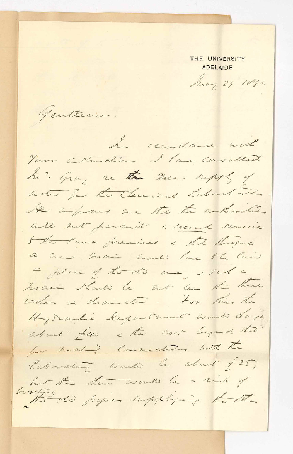 Professor Edward Henry Rennie - The University - Report regarding new water service for Chemical Laboratory