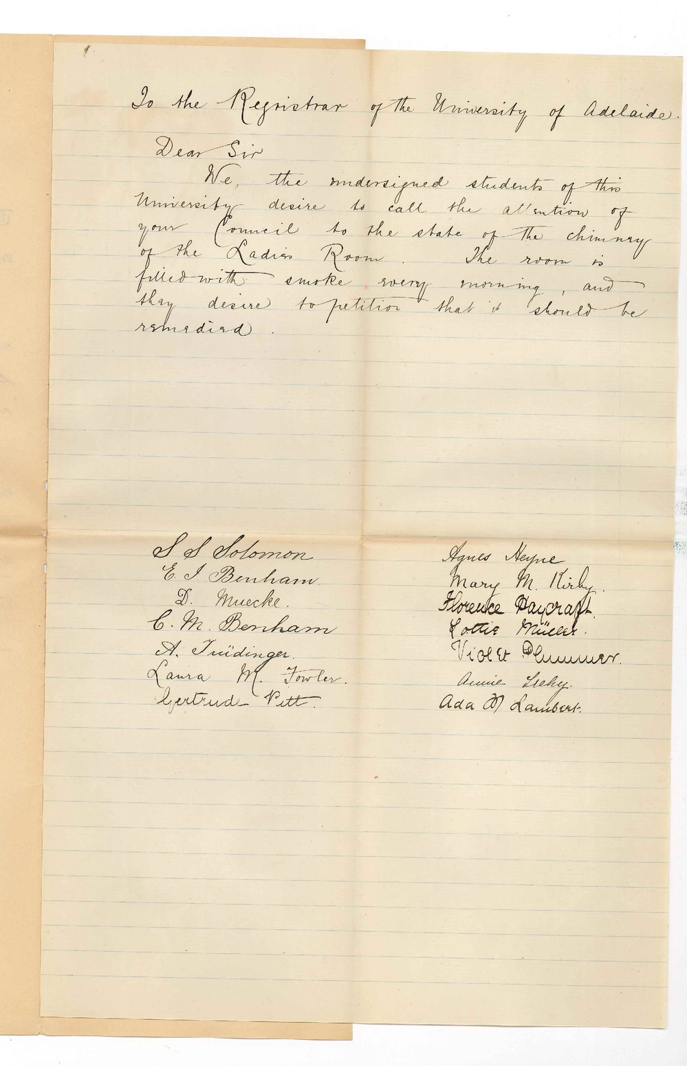 Miss Laura Margaret Fowler and 13 Other Lady Undergraduates - Complaint regarding smoky Chimney in Ladies room