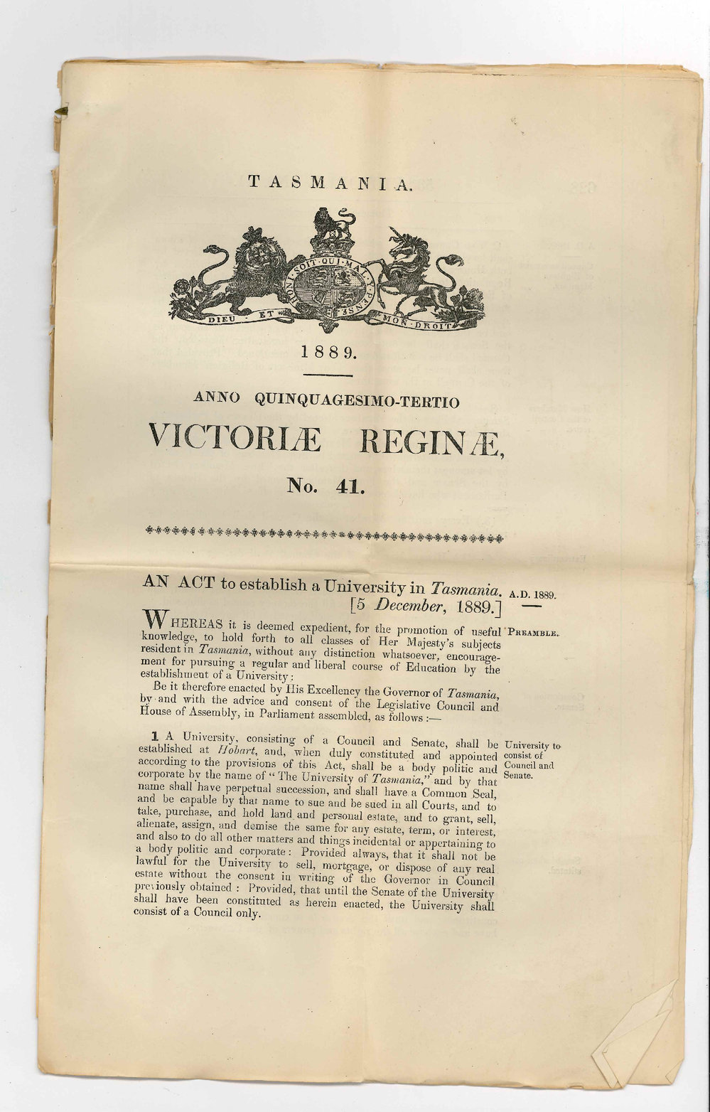 George Richardson - Registrar University of Tasmania - Establishment of University in Tasmania