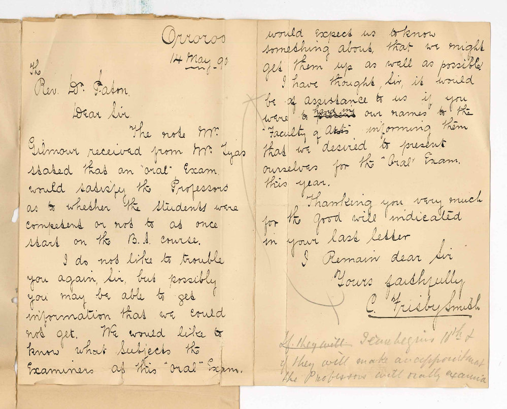 Reverend C Frisby Smith to Reverend Dr Paton - Orroroo - Oral examination for admission to BA course