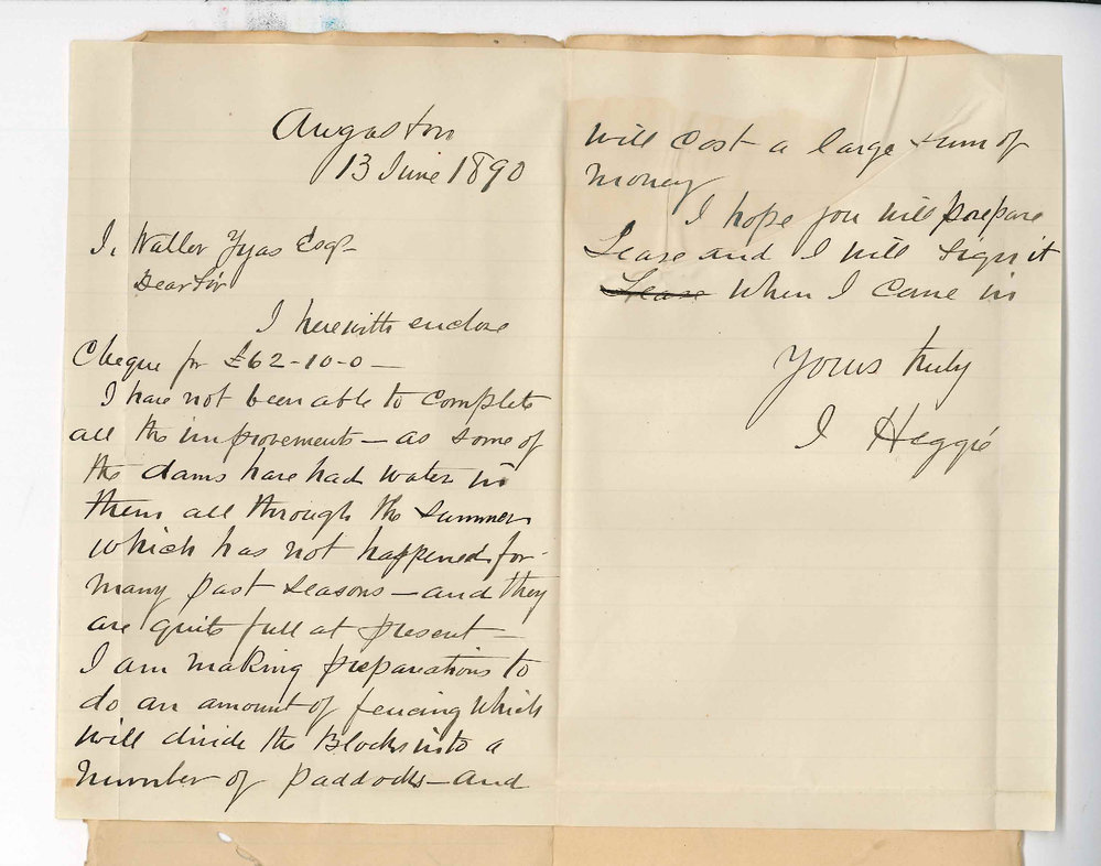 J Heggie - Angaston - Payment of rent - Improvements on land at Craigies Plains