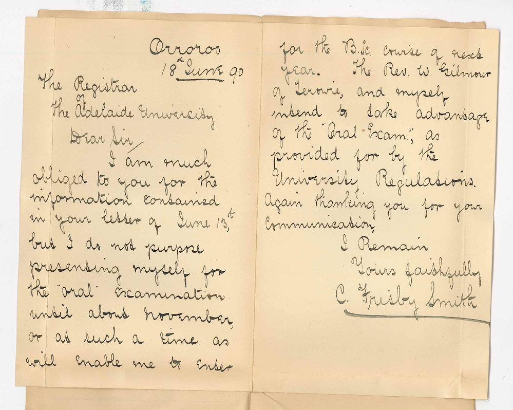 Reverend C Frisby Smith - Orroroo - Oral examination re entrance to BA course