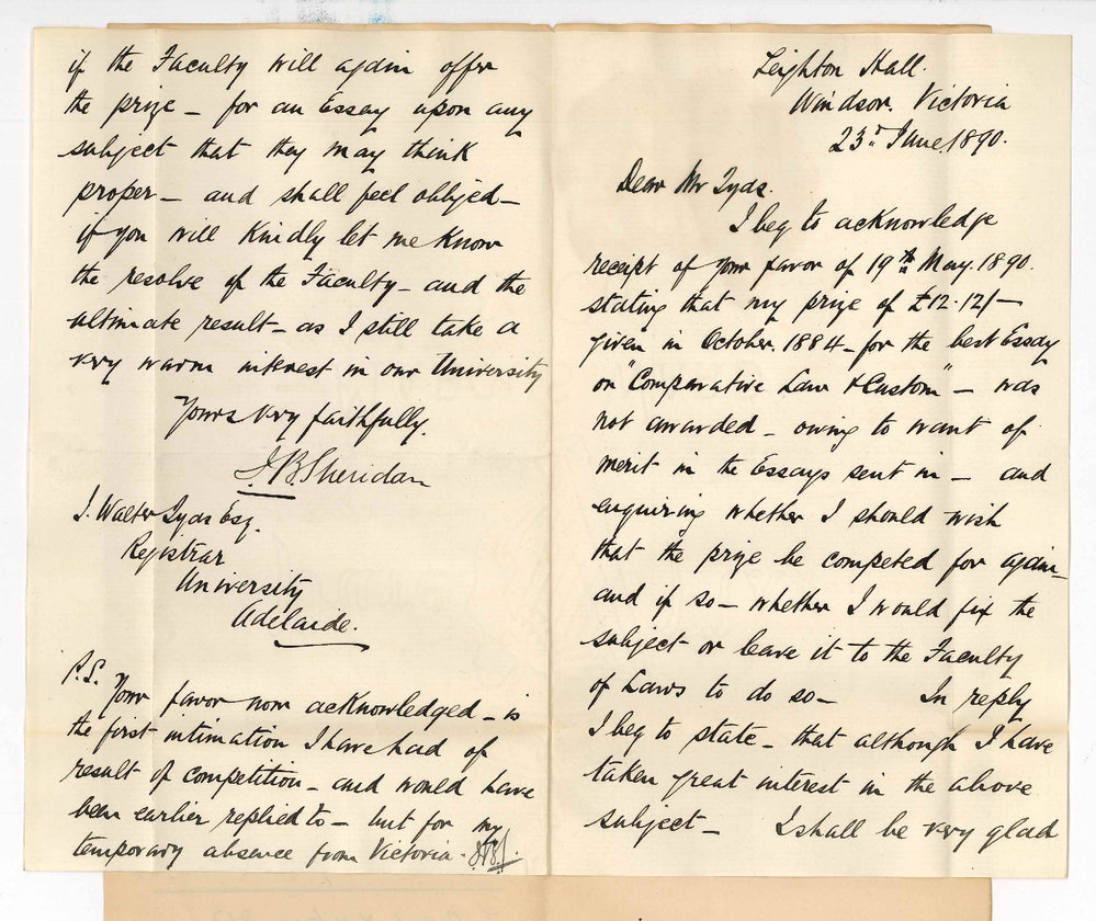 J B Sheridan - Melbourne - Wishes Prize of &pound;12-12-0 to be again competed for