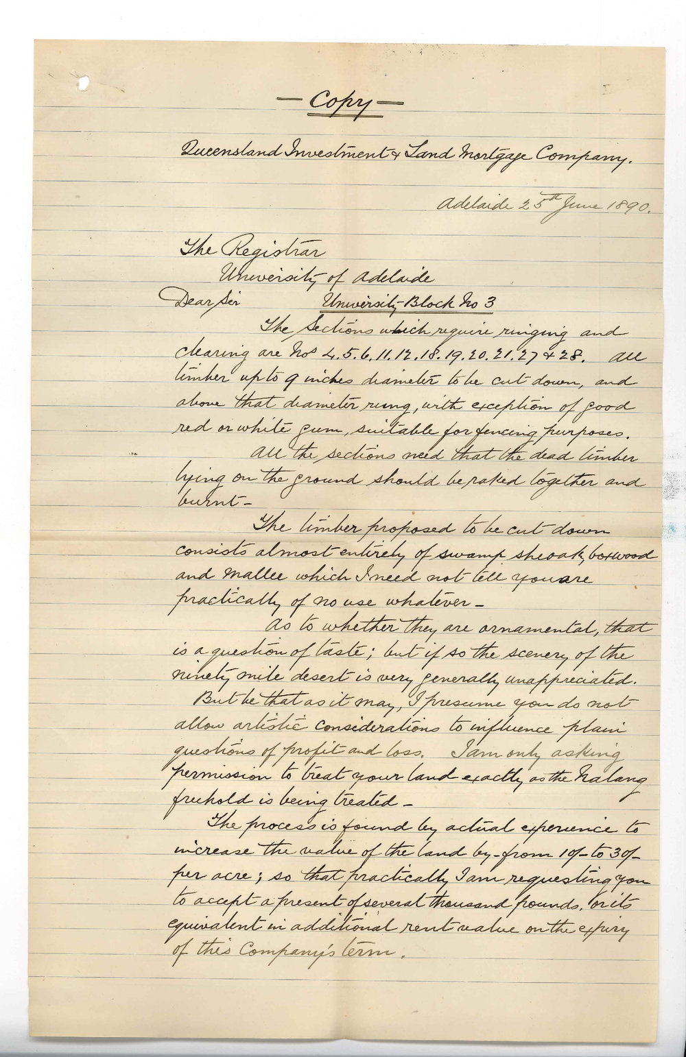 H C Baker - Secretary - Queensland Investment Company - Removal of Timber from Tatiara lands