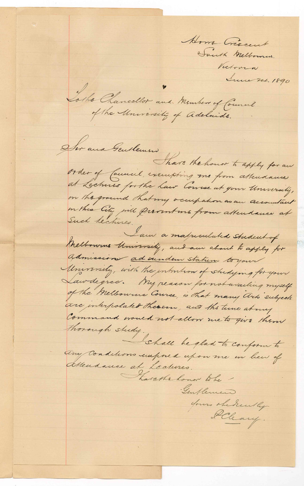 P Cleary - Victoria - Admission to LLB Course with exemption from attendance on lectures