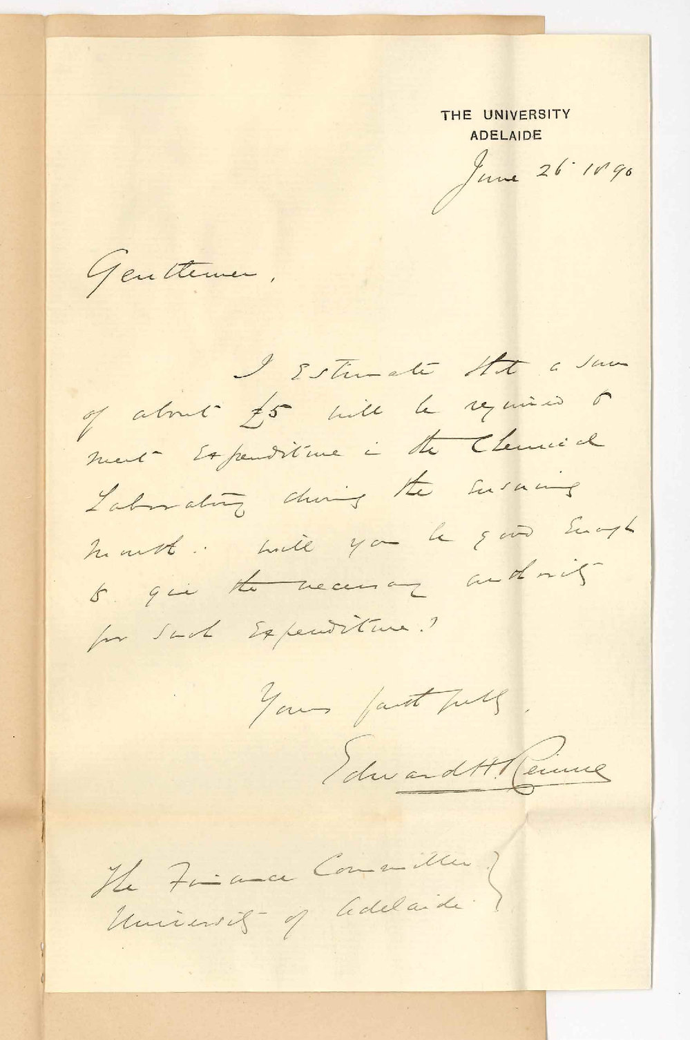 Professor Edward Henry Rennie - The University - Estimate of Expenditure for July