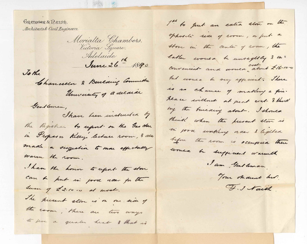 Messrs Grainger and Naish - Victoria Square - Report re Gas Stove in Professor Frederick Kellys room
