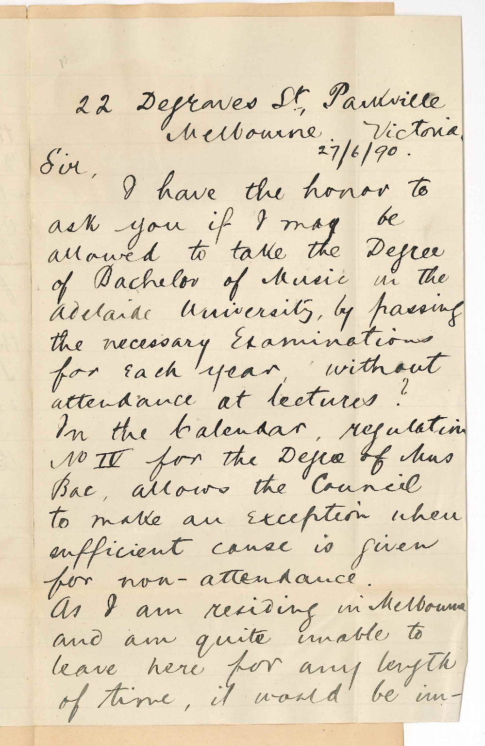 D J Coutts - Melbourne - Admission to Bachelor of Music Course with exemption from attendance on lectures