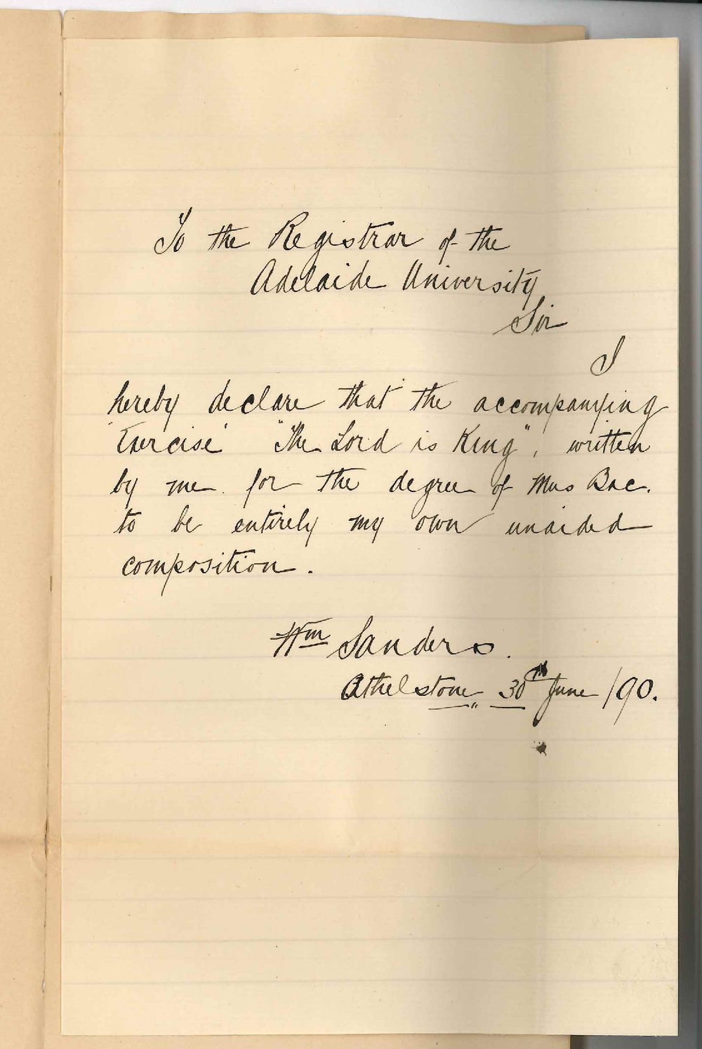 William Sanders - Athelstone - Declaration re Mus Bac Composition