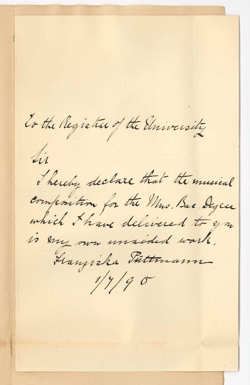 Miss Franziska Puttmann - Adelaide - Declaration re Bachelor of Music Composition