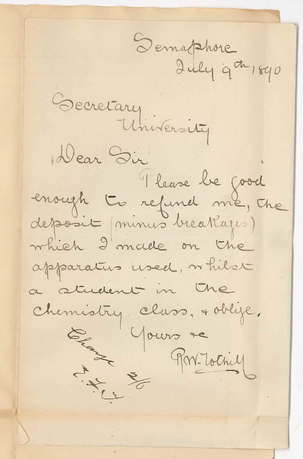 R W Tothill - Semaphore - Asking for refund of Chemistry deposit