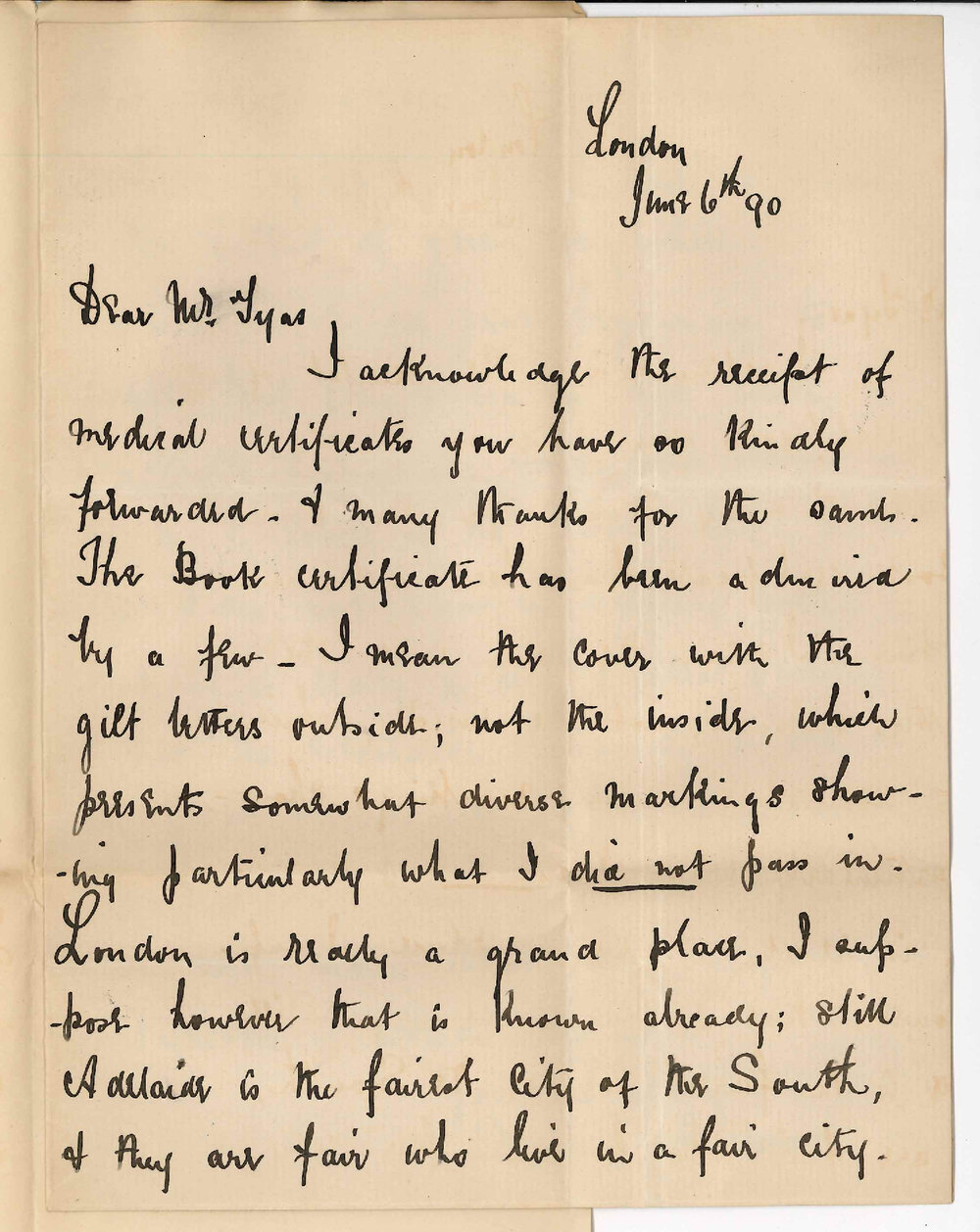 Tress G Anderson - London - Acknowledging receipt of MB Certificates