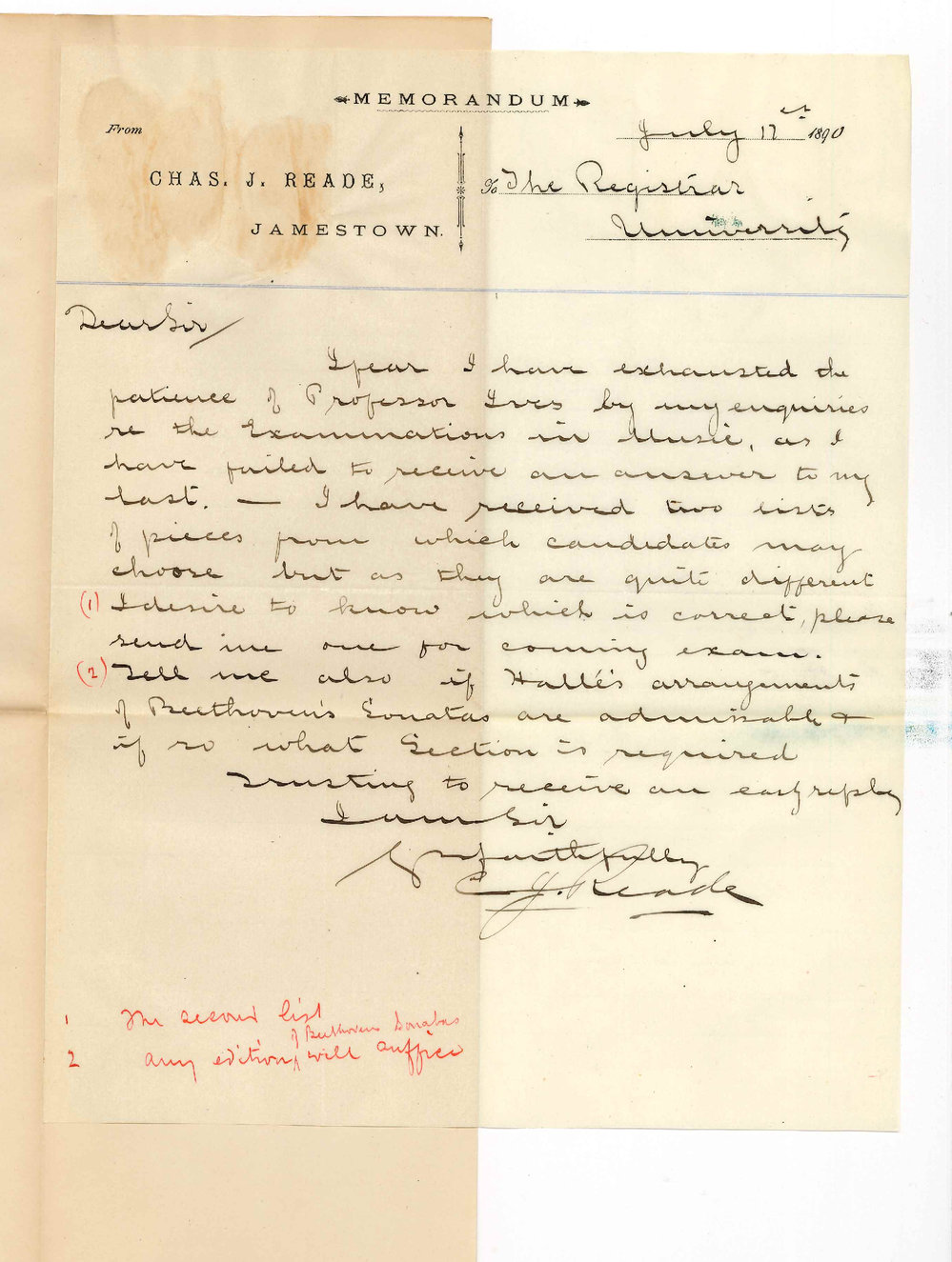 Chas J Reade - Jamestown - Concerning Public Examinations in Music