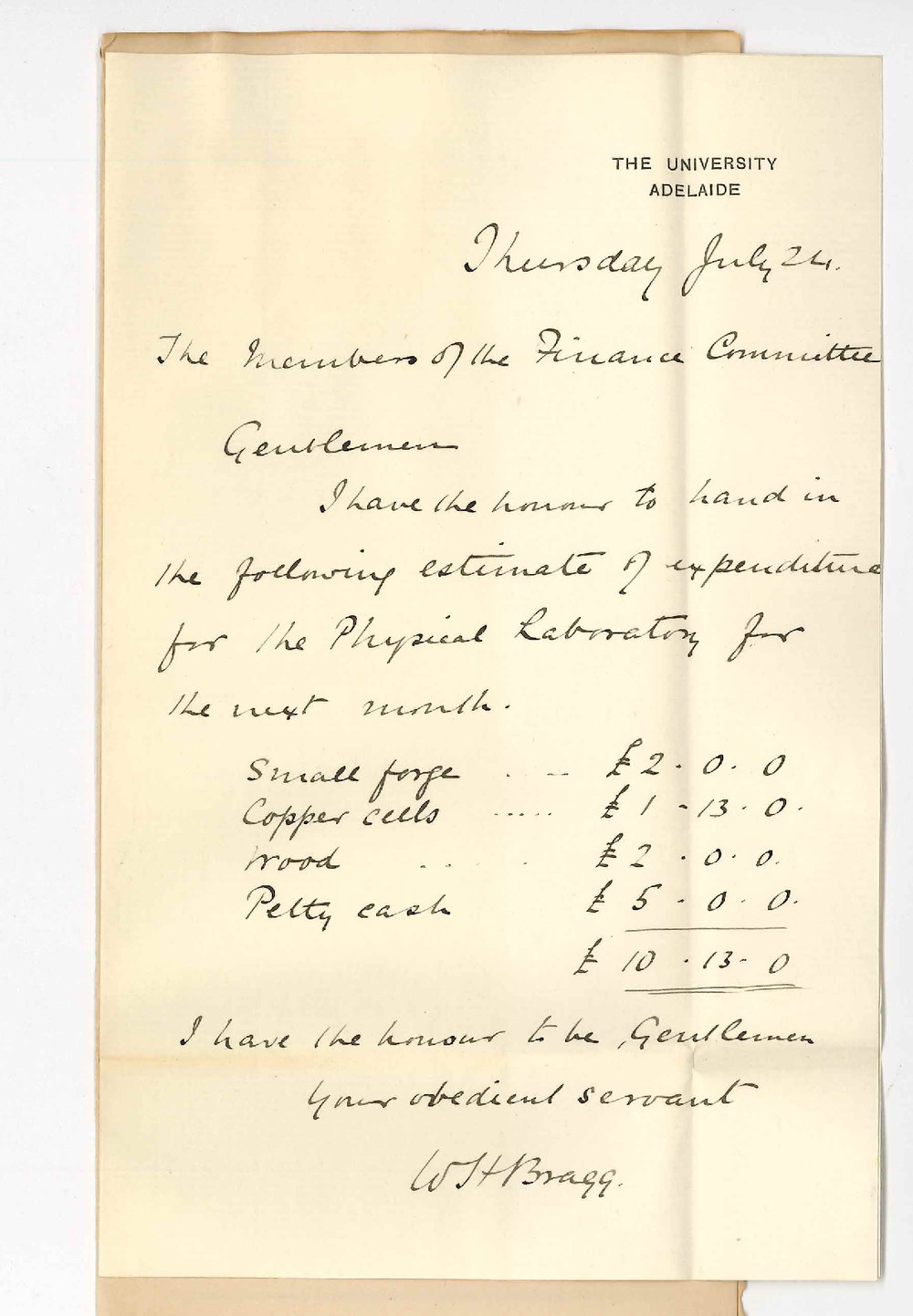 Professor William Bragg - The University - Estimate of Expenditure for August
