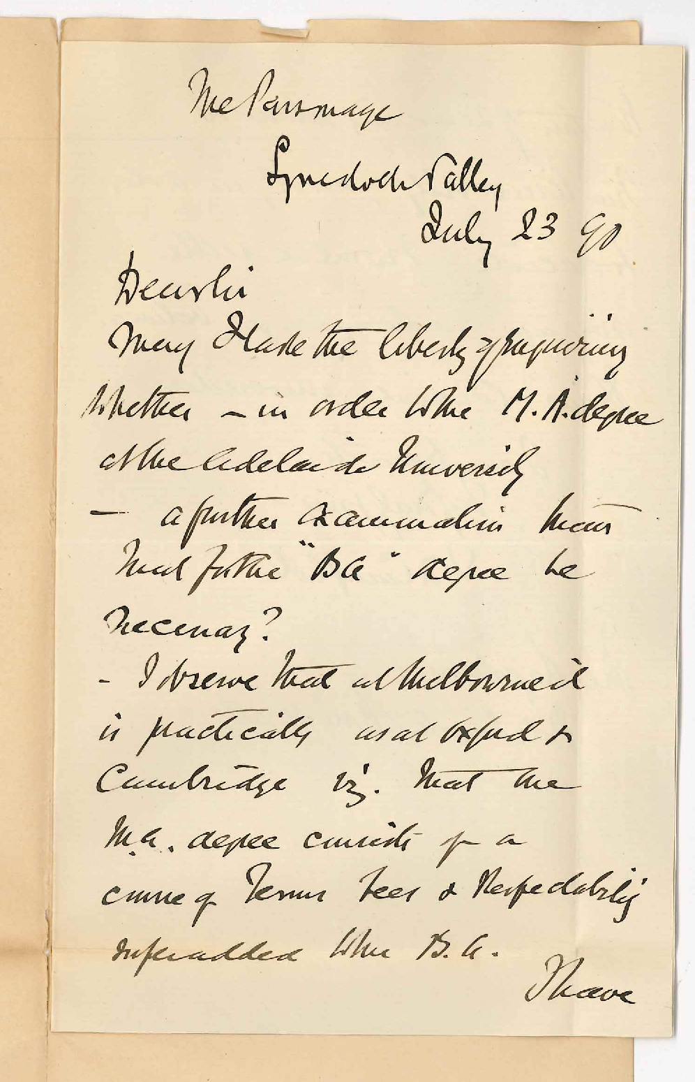 Reverend W A Campbell - Lyndoch Valley - Concerning admission to MA degree