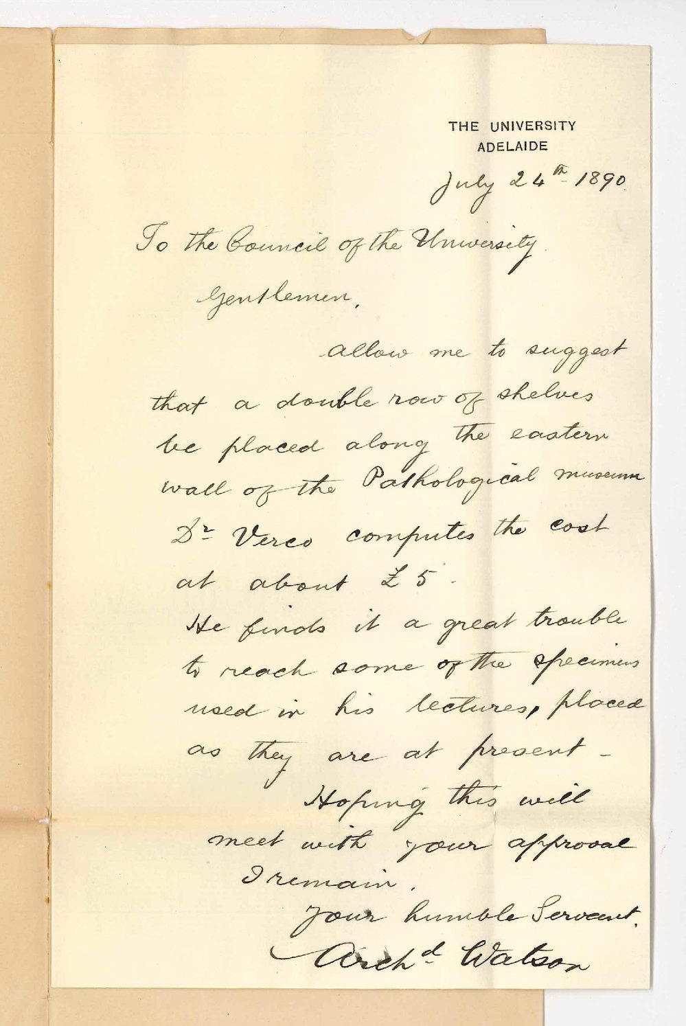 Professor Archibald Watson - The University - Asking for shelves for Pathological Museum