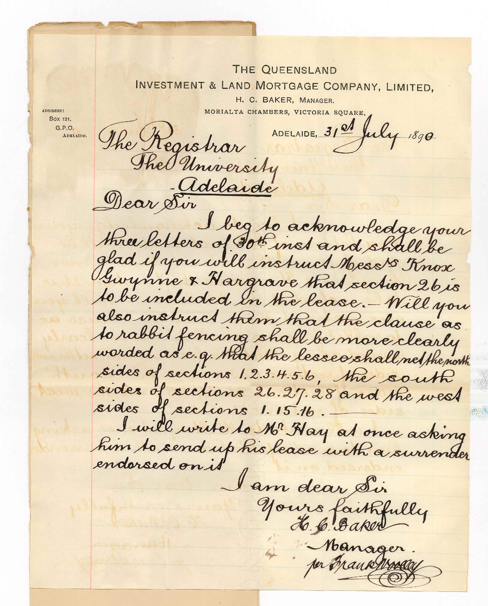 H C Baker - Queensland Company - Concerning Section 26 and Rabbit proof fencing