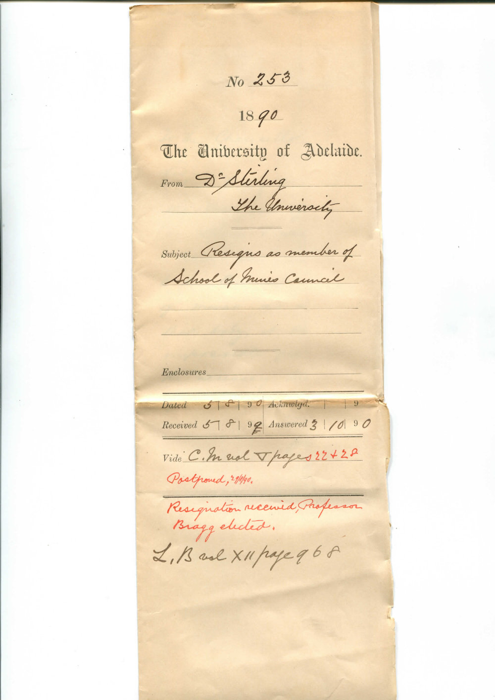 Dr Edward Charles Stirling - The University - Resigns as member of School of Mines Council