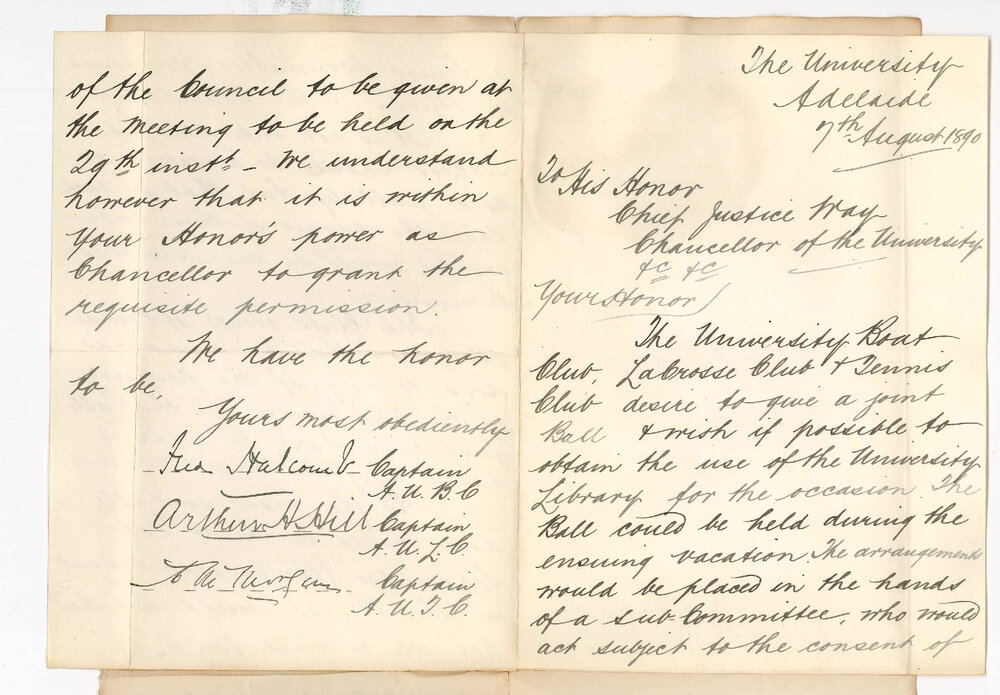Frederick Halcomb and Others - Adelaide - Requesting permission to use Library for a Ball