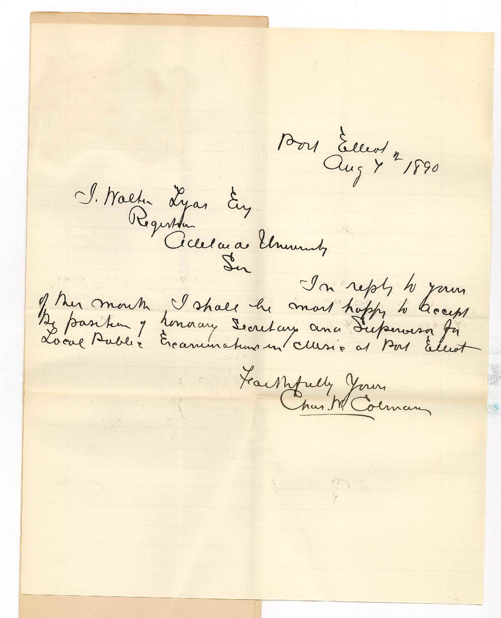 Charles W Colman - Port Elliot - Will act as Secretary for Examination in Music