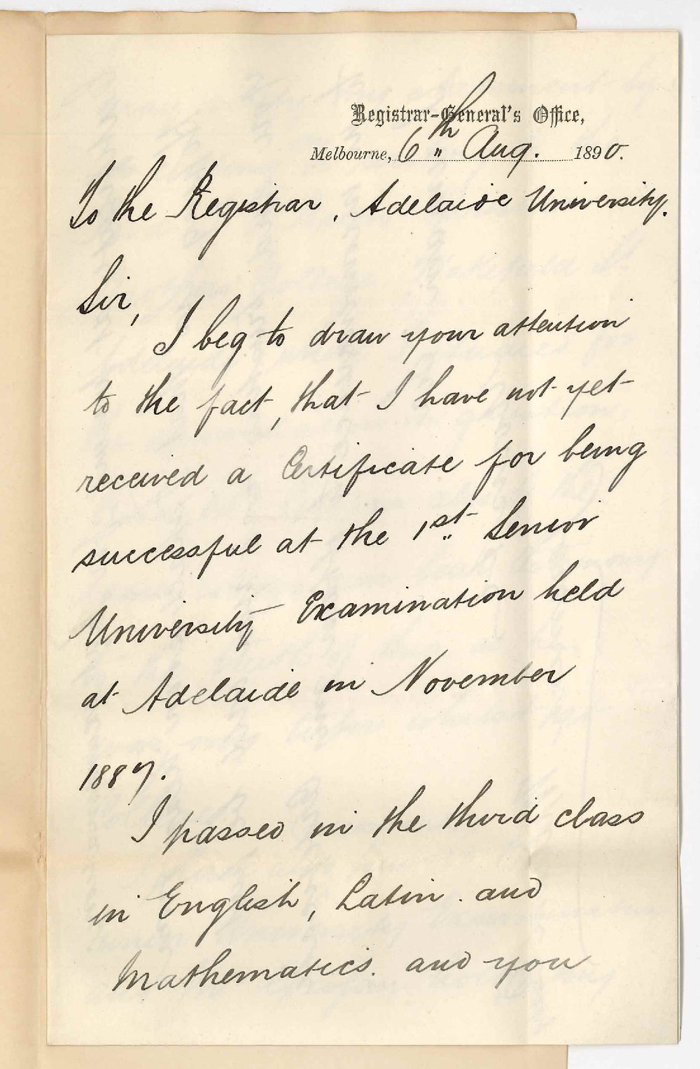 Jeremiah William Casey - Melbourne - Asking for Senior Public Certificate