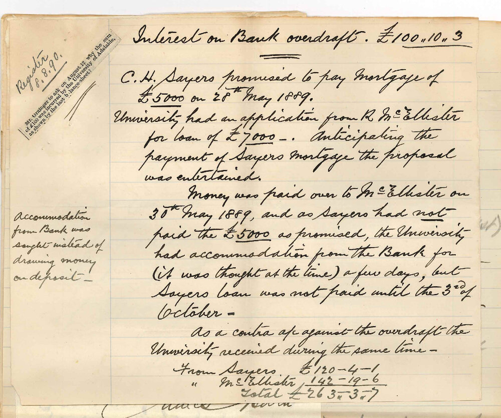 James Bath - Secretary Minister of Education - Information for Parliament re overdraft in University Balance Sheet for 1889