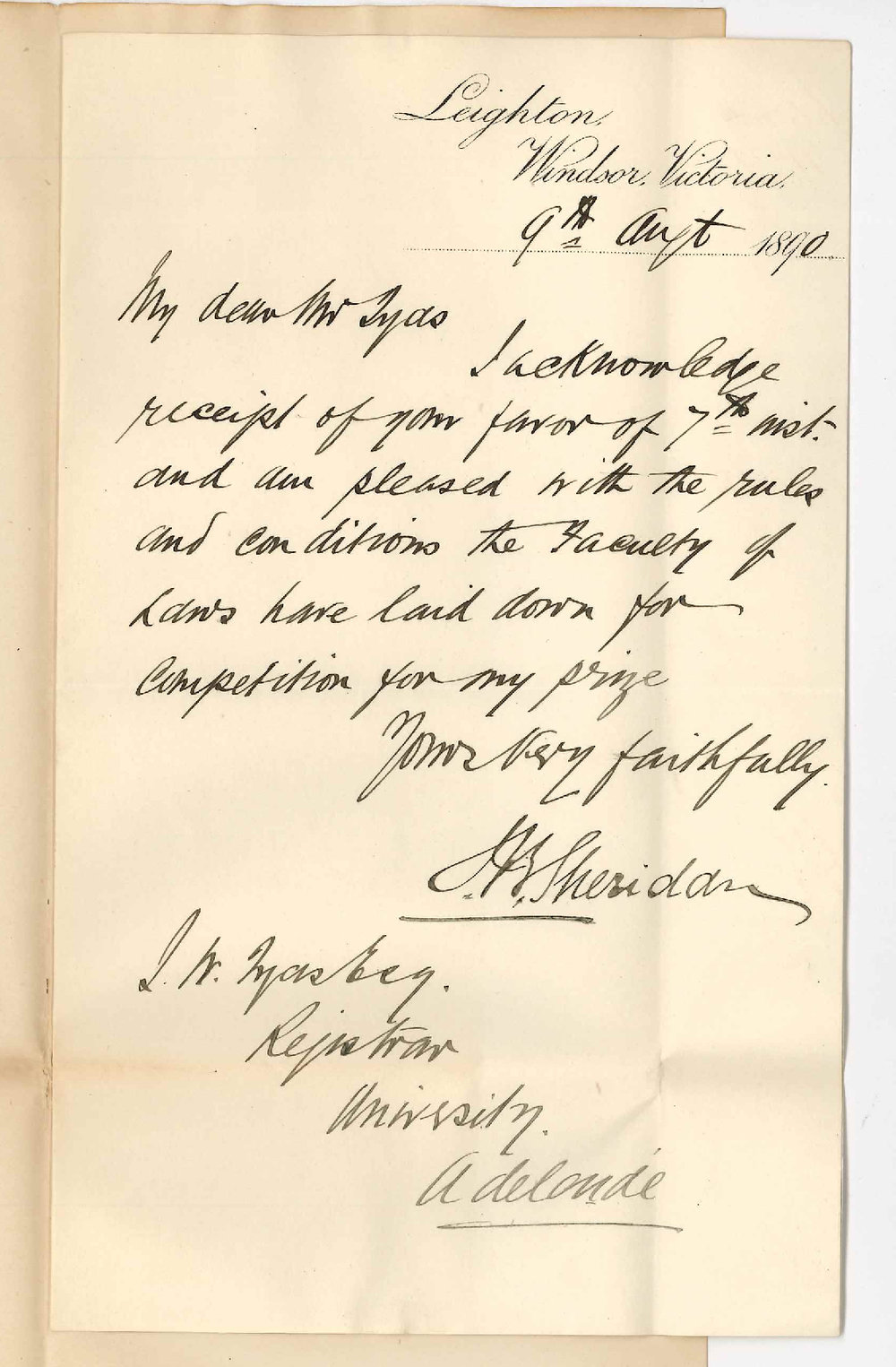 J B Sheridan - Melbourne - Approves action of Faculty of Law re Prize