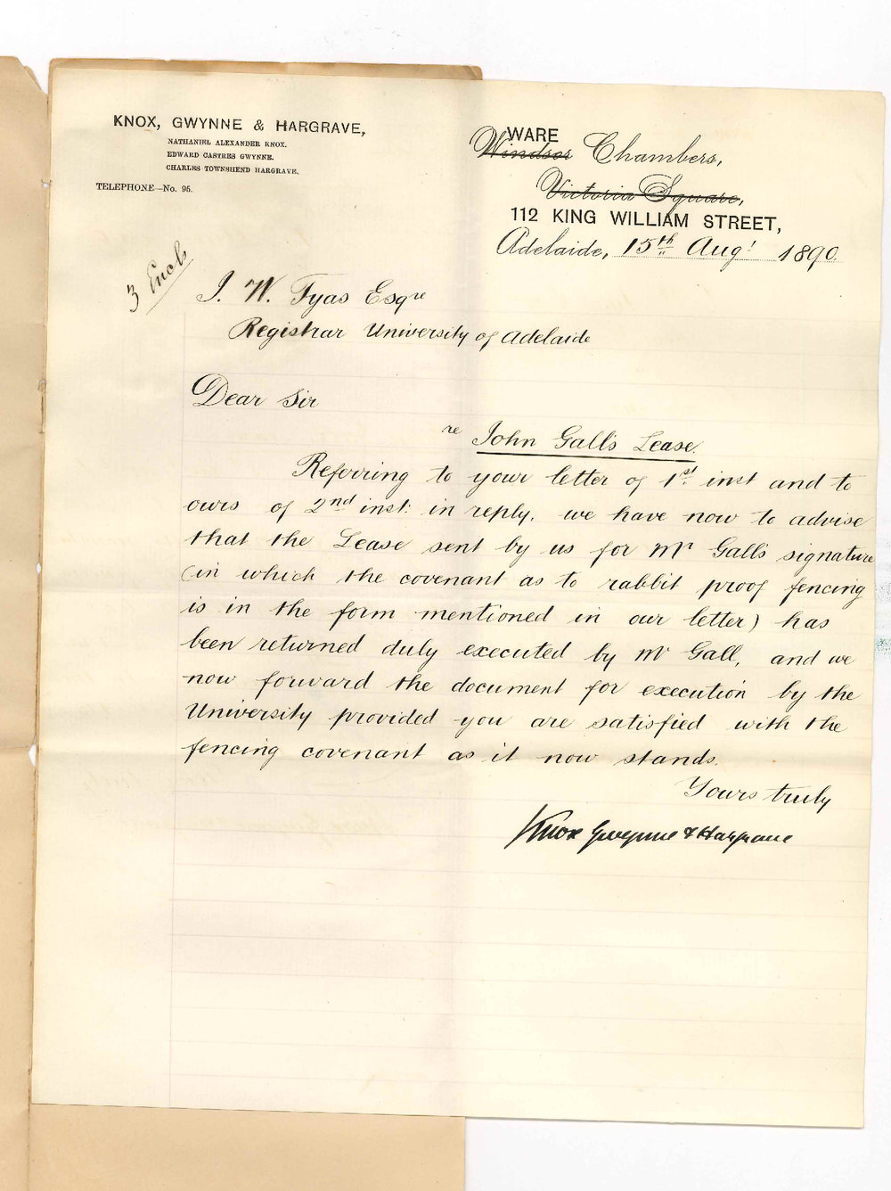 Knox Gwynne and Hargrave - Adelaide - Completion of Lease to Mr John Gall